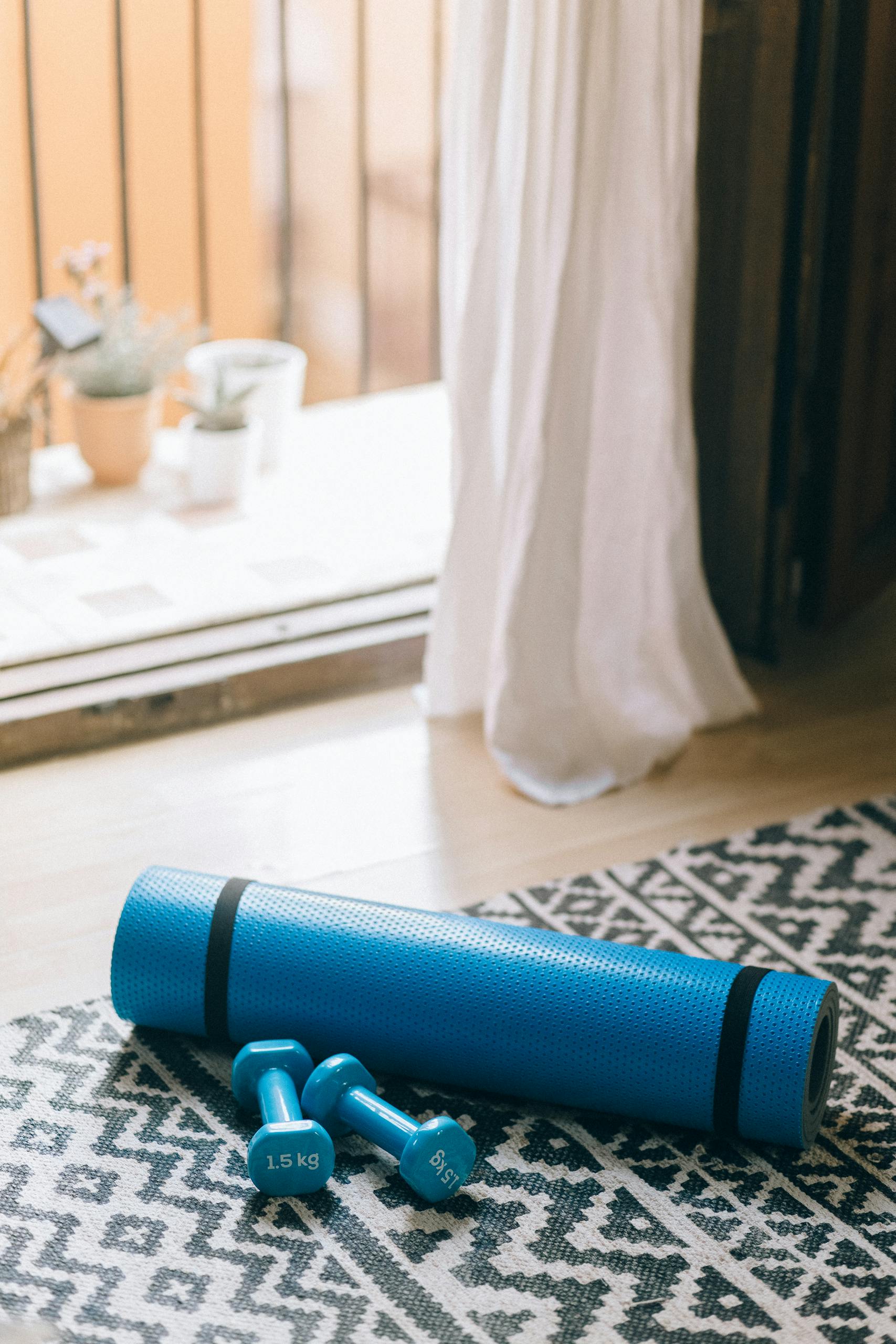 A cozy corner with a yoga mat and dumbbells, perfect for indoor workouts.